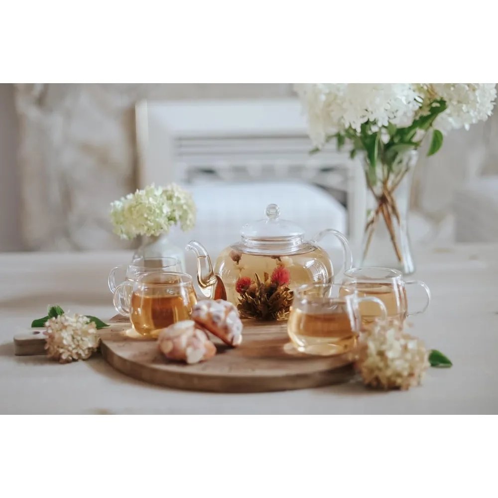 Pyrex teapot set, removable loose tea infuser (standard size: 32 oz /946ml) and four borosilicate glass teacups