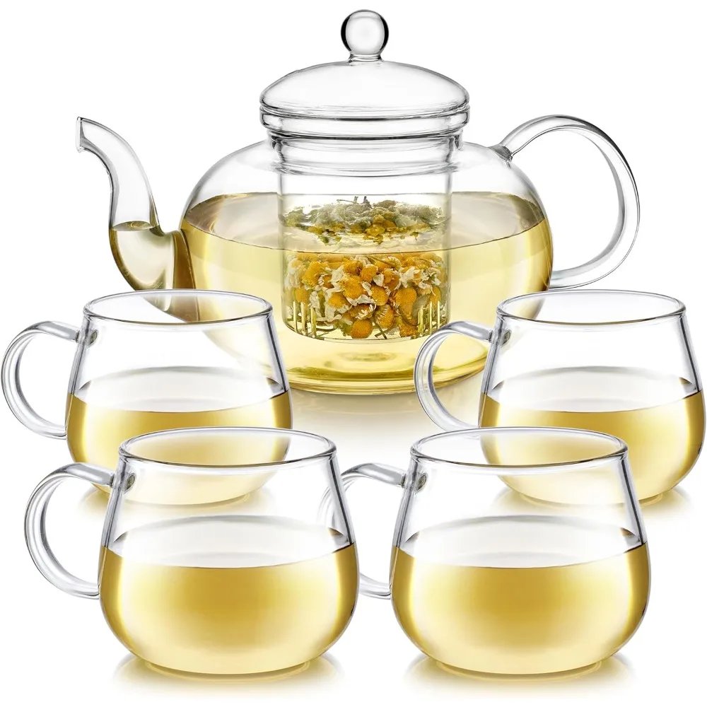 Pyrex teapot set, removable loose tea infuser (standard size: 32 oz /946ml) and four borosilicate glass teacups