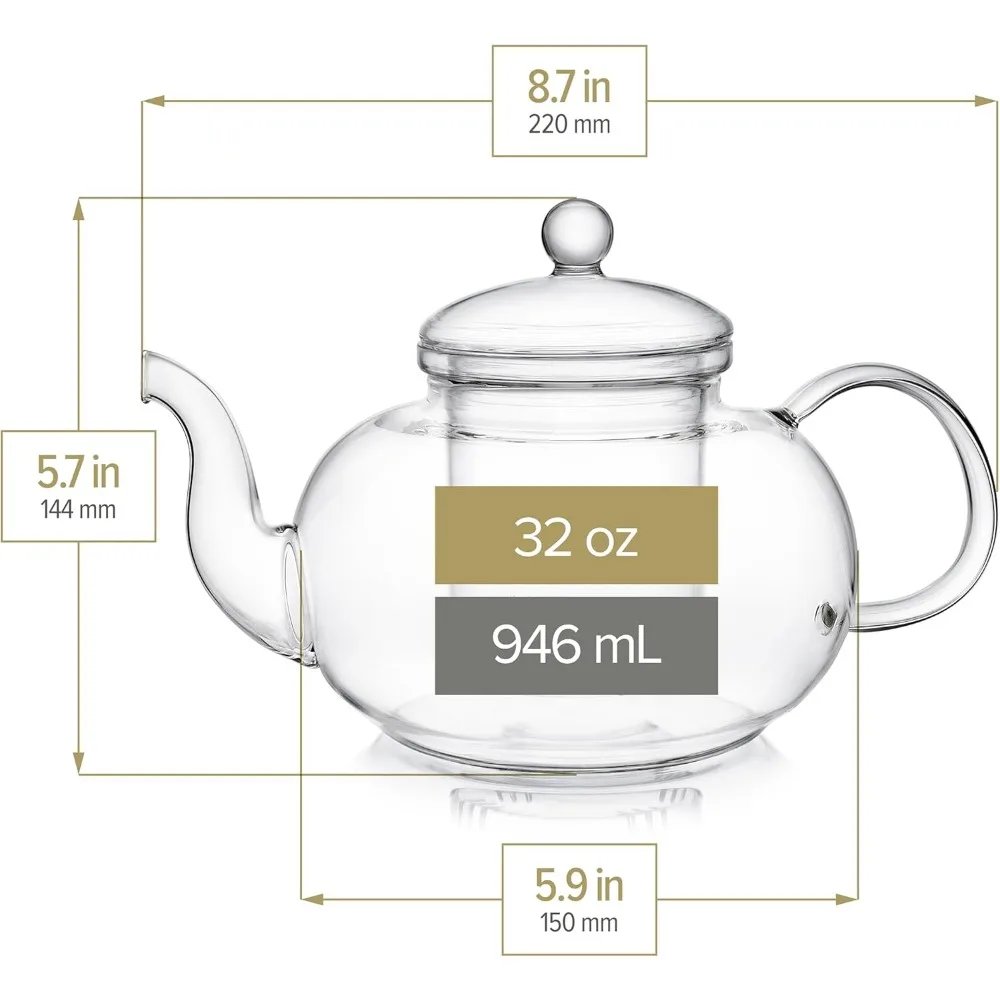 Pyrex teapot set, removable loose tea infuser (standard size: 32 oz /946ml) and four borosilicate glass teacups