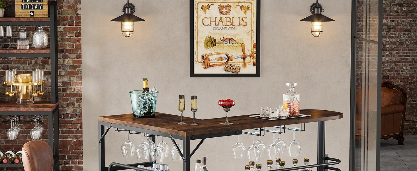 L-Shaped Home Bar Unit, 3 Tier Liquor Table With Storage Shelves and Wine Glasses Holder, Mini Bar for Home Kitchen Pub