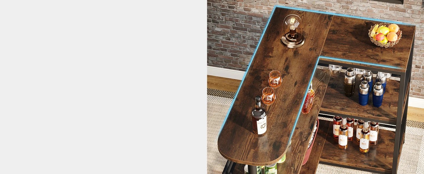 L-Shaped Home Bar Unit, 3 Tier Liquor Table With Storage Shelves and Wine Glasses Holder, Mini Bar for Home Kitchen Pub