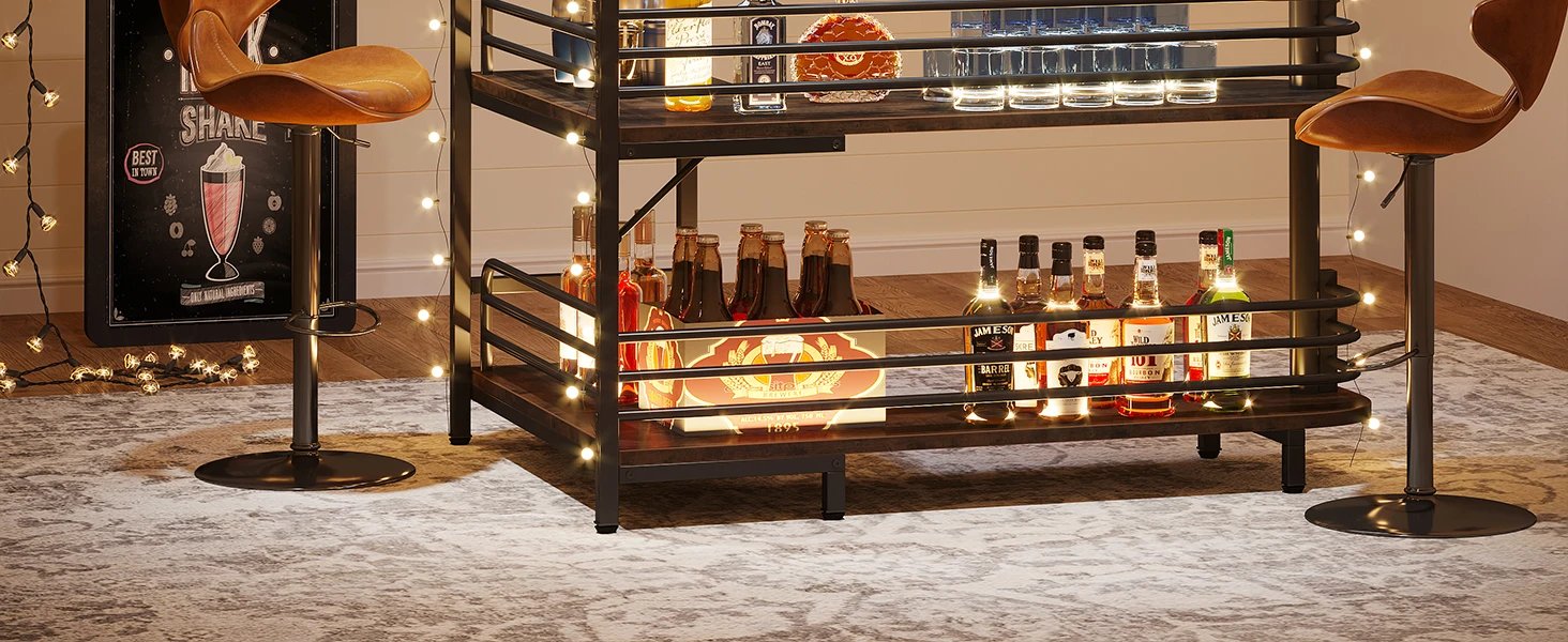 L-Shaped Home Bar Unit, 3 Tier Liquor Table With Storage Shelves and Wine Glasses Holder, Mini Bar for Home Kitchen Pub