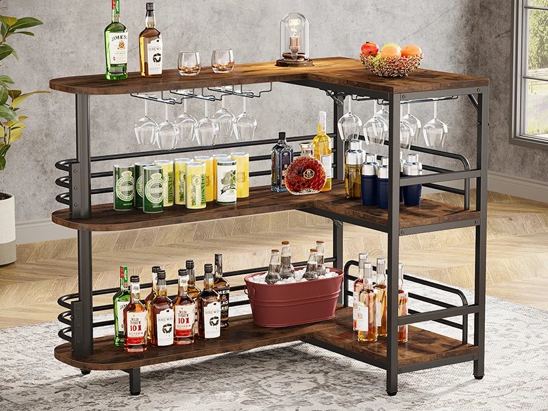 L-Shaped Home Bar Unit, 3 Tier Liquor Table With Storage Shelves and Wine Glasses Holder, Mini Bar for Home Kitchen Pub