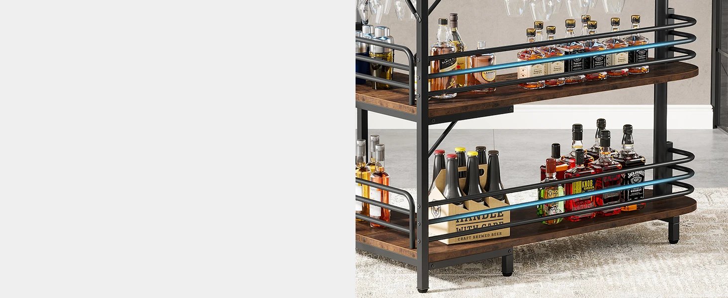 L-Shaped Home Bar Unit, 3 Tier Liquor Table With Storage Shelves and Wine Glasses Holder, Mini Bar for Home Kitchen Pub