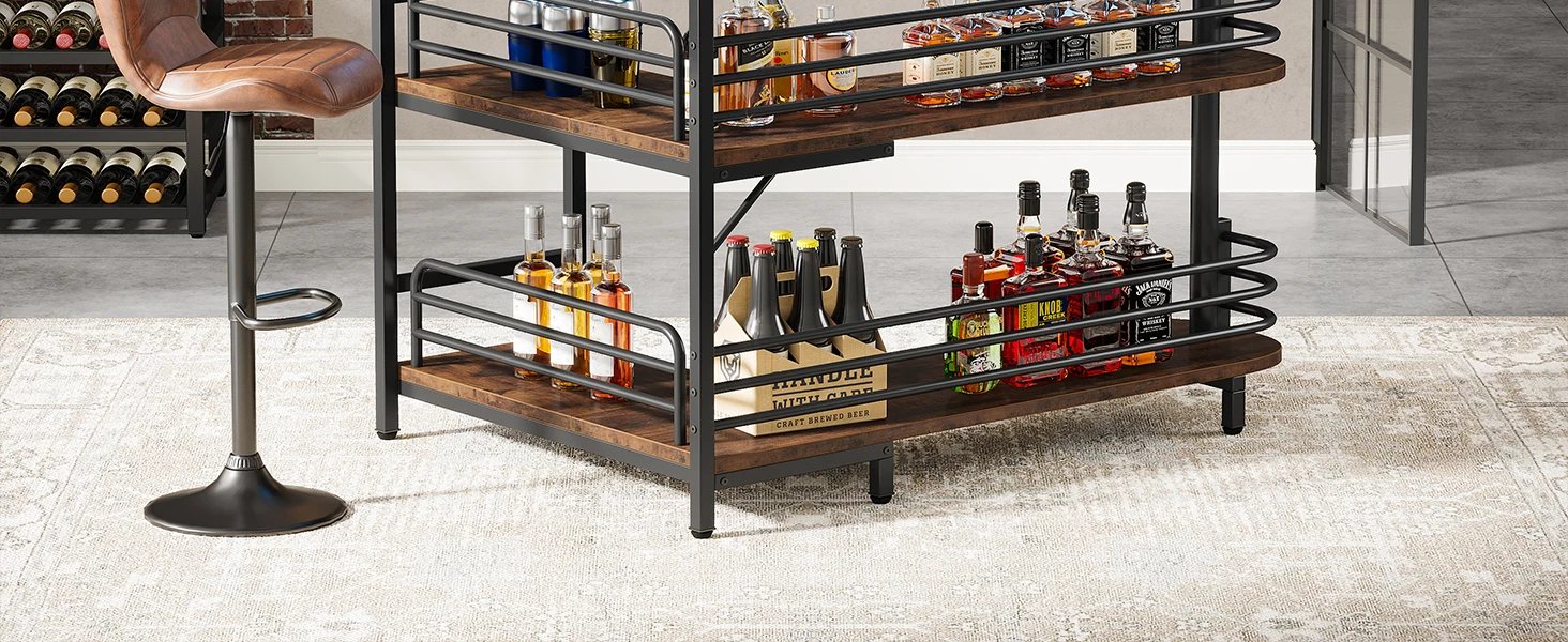 L-Shaped Home Bar Unit, 3 Tier Liquor Table With Storage Shelves and Wine Glasses Holder, Mini Bar for Home Kitchen Pub