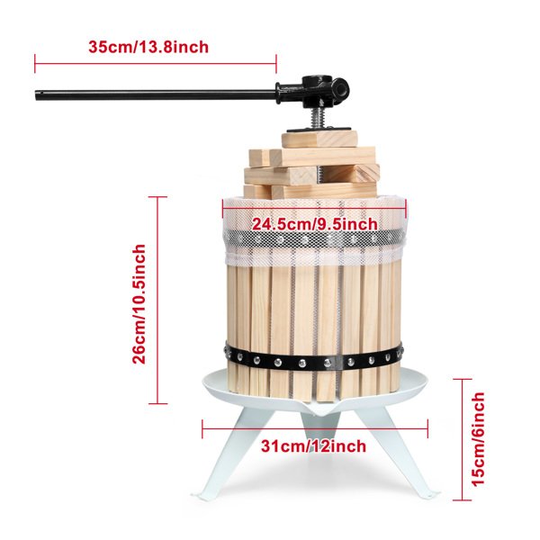 3.17 Gallon Fruit Wine Press, Solid Wood Basket Wine Making Press with 6 Blocks, 12 Liter Cider Apple Grape Crusher Manual Juice