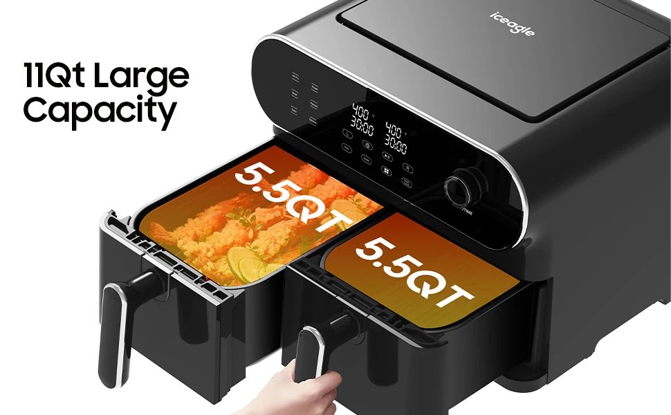 Dual Air Fryer 11 Quart - 6-in1 Airfryer with 2 Frying Baskets, Precise-control Knob | Sync & Dual Cook Functions to Ary Fry, Ro
