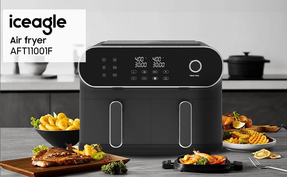 Dual Air Fryer 11 Quart - 6-in1 Airfryer with 2 Frying Baskets, Precise-control Knob | Sync & Dual Cook Functions to Ary Fry, Ro