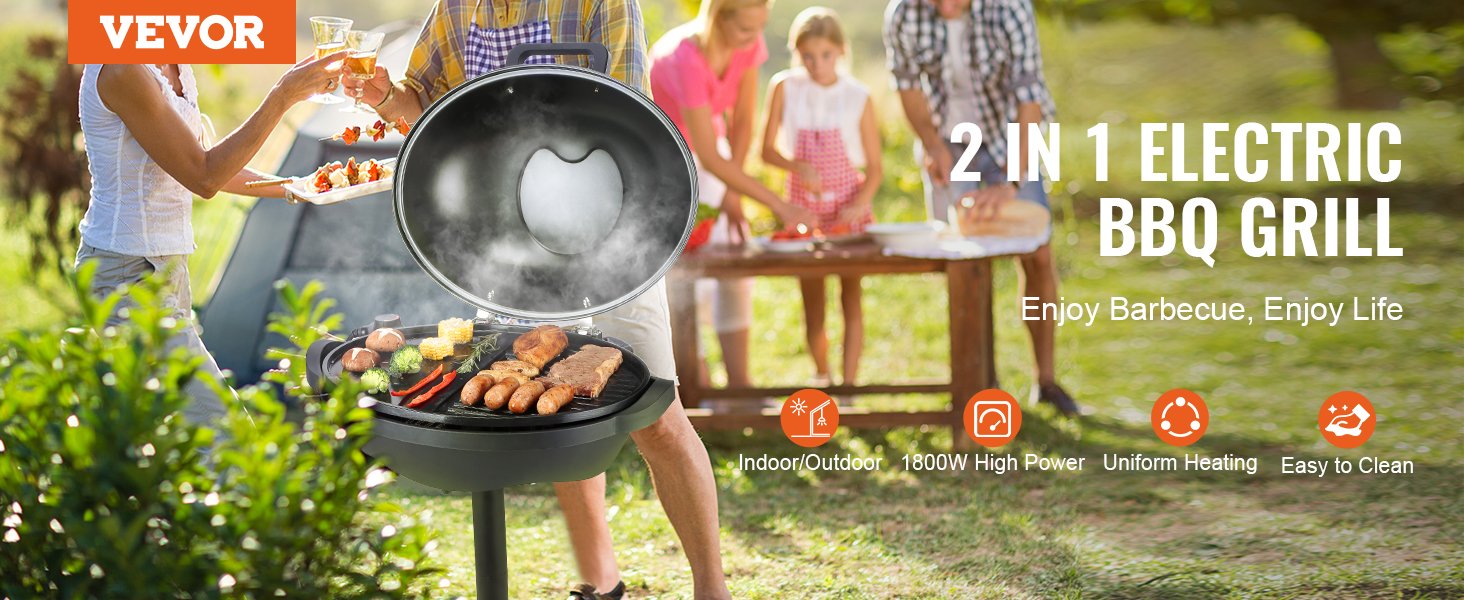 VEVOR Indoor/Outdoor Electric Grill, 1800W Electric BBQ Grill & 2 Zone Grilling Surface Adjustable Temperature for Party Camping