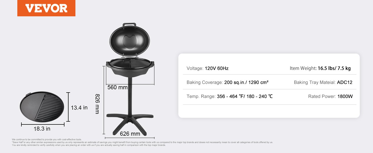 VEVOR Indoor/Outdoor Electric Grill, 1800W Electric BBQ Grill & 2 Zone Grilling Surface Adjustable Temperature for Party Camping
