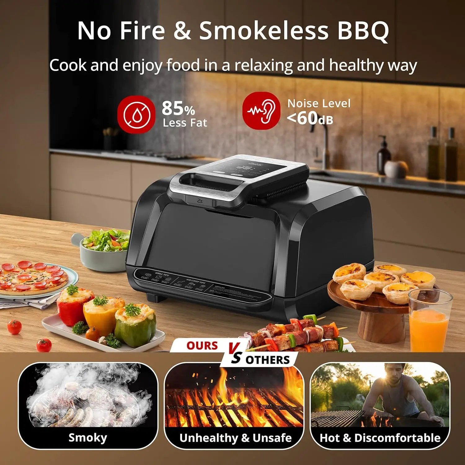 7-in-1 Smokeless Indoor Electric Air Grill Fryer Combo with See-Through Window Removable Plates,up to 450&deg;F,1750W,Even Heat,4Qt