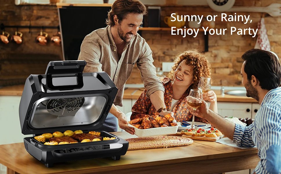 7-in-1 Smokeless Indoor Electric Air Grill Fryer Combo with See-Through Window Removable Plates,up to 450&deg;F,1750W,Even Heat,4Qt