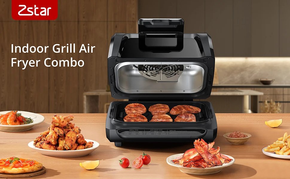 7-in-1 Smokeless Indoor Electric Air Grill Fryer Combo with See-Through Window Removable Plates,up to 450&deg;F,1750W,Even Heat,4Qt