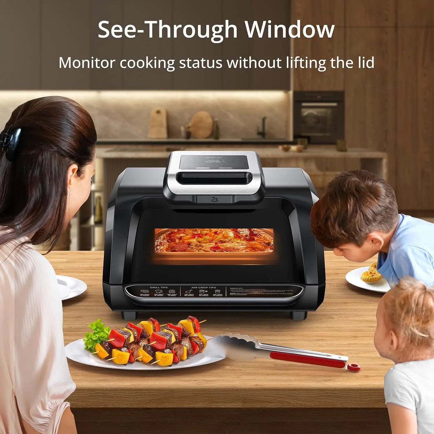 7-in-1 Smokeless Indoor Electric Air Grill Fryer Combo with See-Through Window Removable Plates,up to 450&deg;F,1750W,Even Heat,4Qt