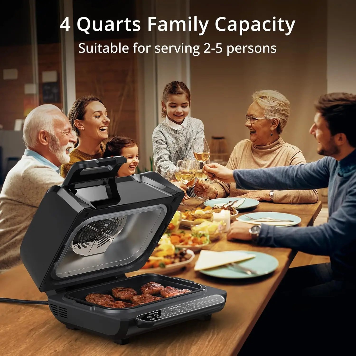 7-in-1 Smokeless Indoor Electric Air Grill Fryer Combo with See-Through Window Removable Plates,up to 450&deg;F,1750W,Even Heat,4Qt