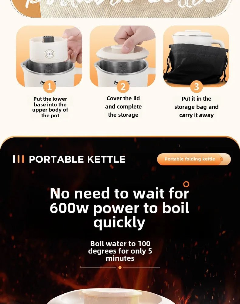 Travel Folding Kettle Outdoor Portable Small Folding Kettle 304 Stainless Steel Electric Kettle Boiler