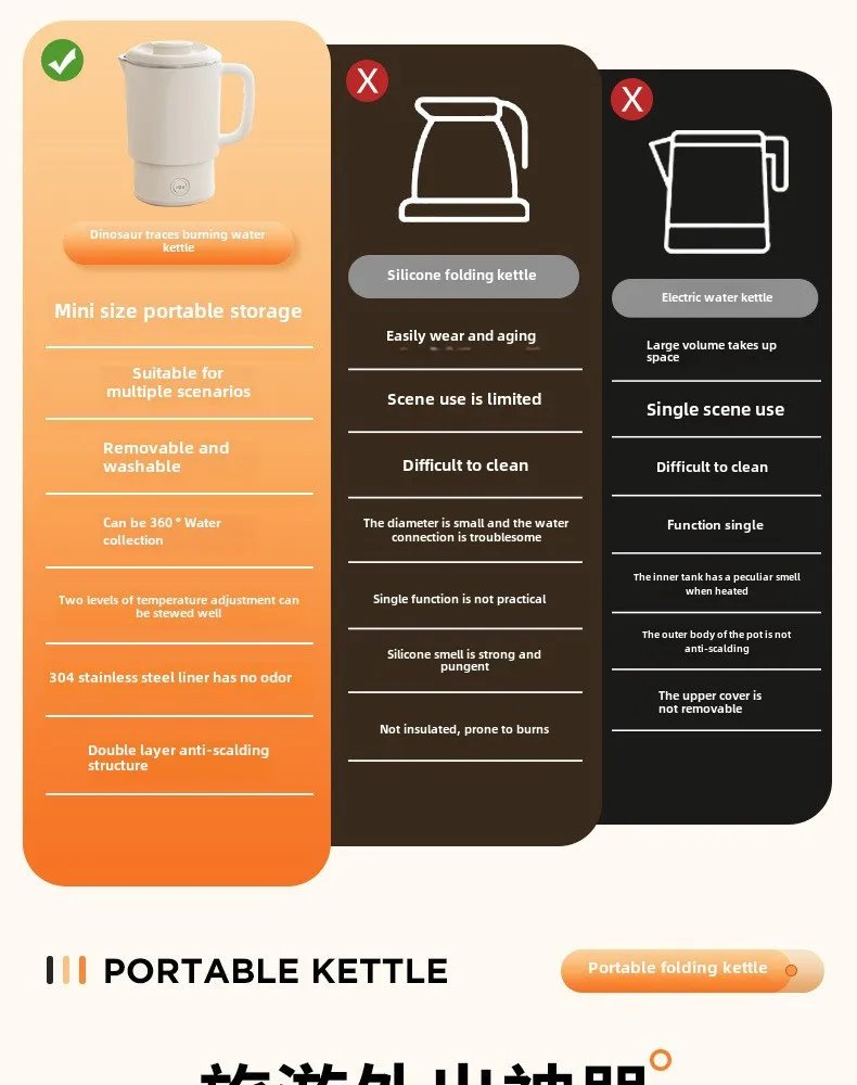 Travel Folding Kettle Outdoor Portable Small Folding Kettle 304 Stainless Steel Electric Kettle Boiler