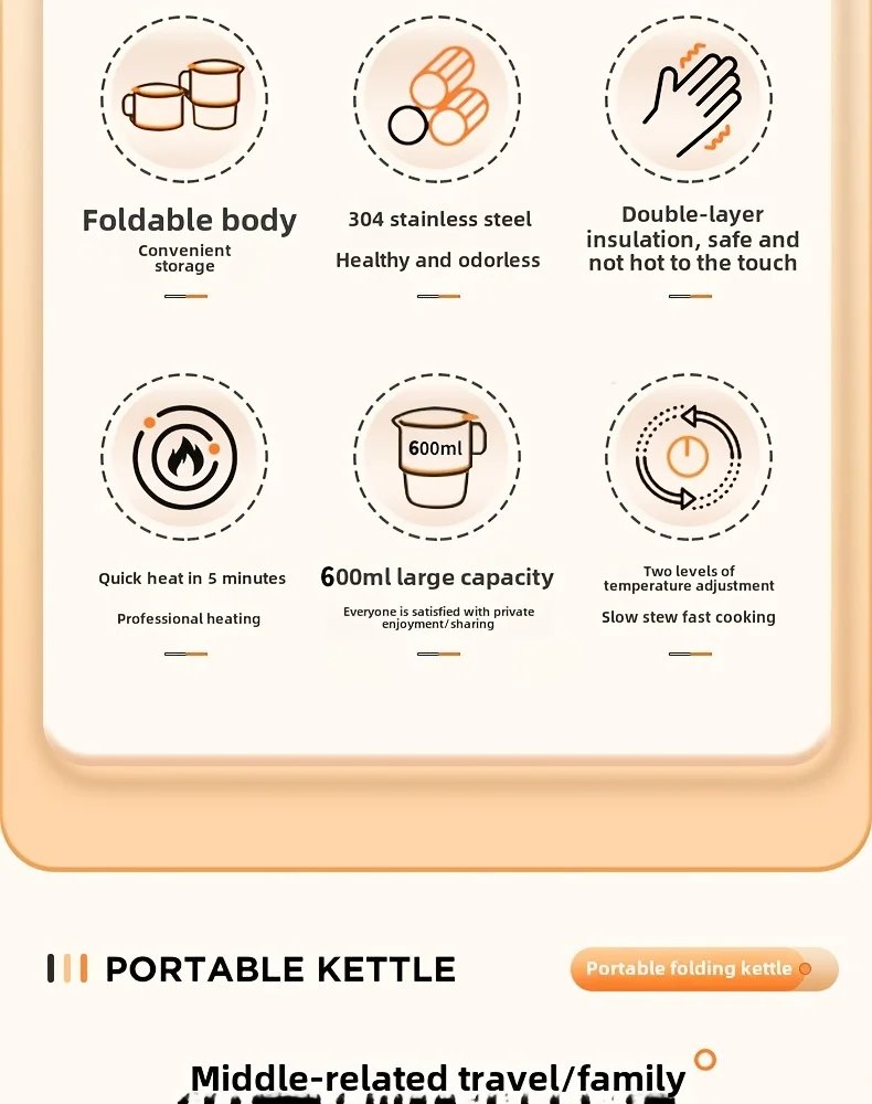 Travel Folding Kettle Outdoor Portable Small Folding Kettle 304 Stainless Steel Electric Kettle Boiler