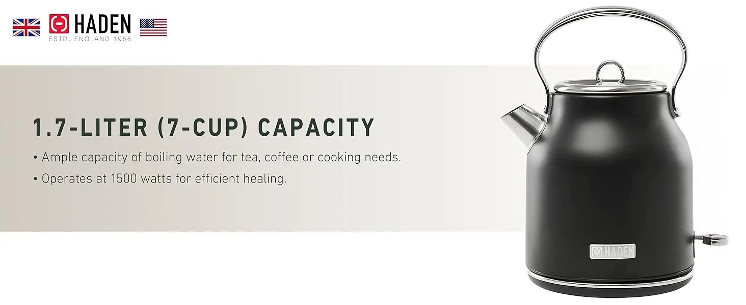 HADEN Heritage 1.7 Liter Stainless Steel Electric Kettle, Hot Water Kettle with 360-Degree Base and Auto Shutoff, Black & Chrome
