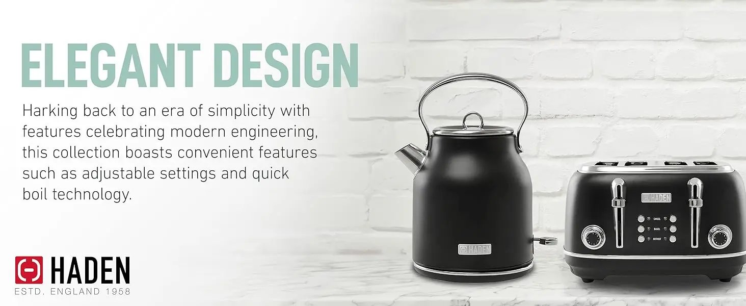 HADEN Heritage 1.7 Liter Stainless Steel Electric Kettle, Hot Water Kettle with 360-Degree Base and Auto Shutoff, Black & Chrome