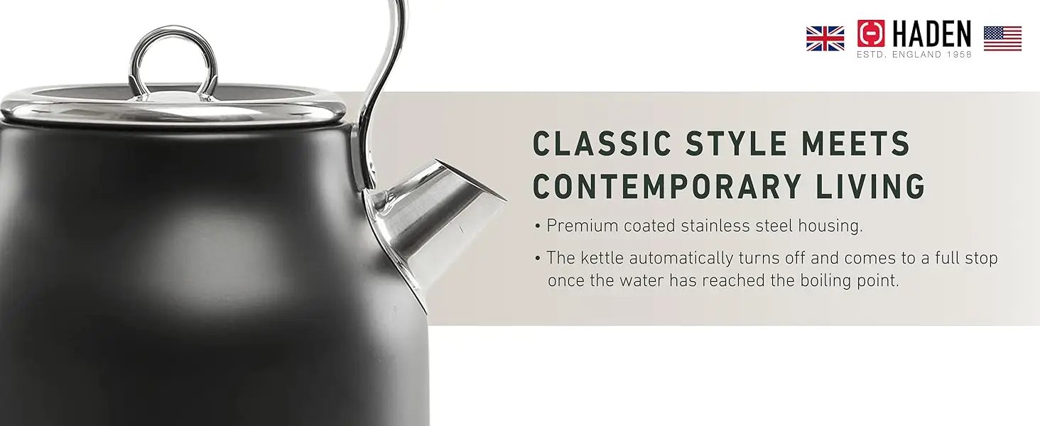 HADEN Heritage 1.7 Liter Stainless Steel Electric Kettle, Hot Water Kettle with 360-Degree Base and Auto Shutoff, Black & Chrome