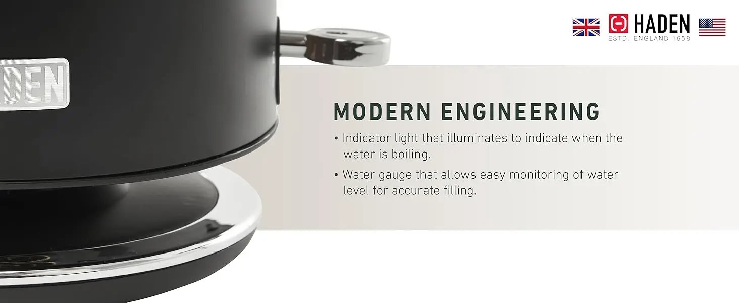 HADEN Heritage 1.7 Liter Stainless Steel Electric Kettle, Hot Water Kettle with 360-Degree Base and Auto Shutoff, Black & Chrome