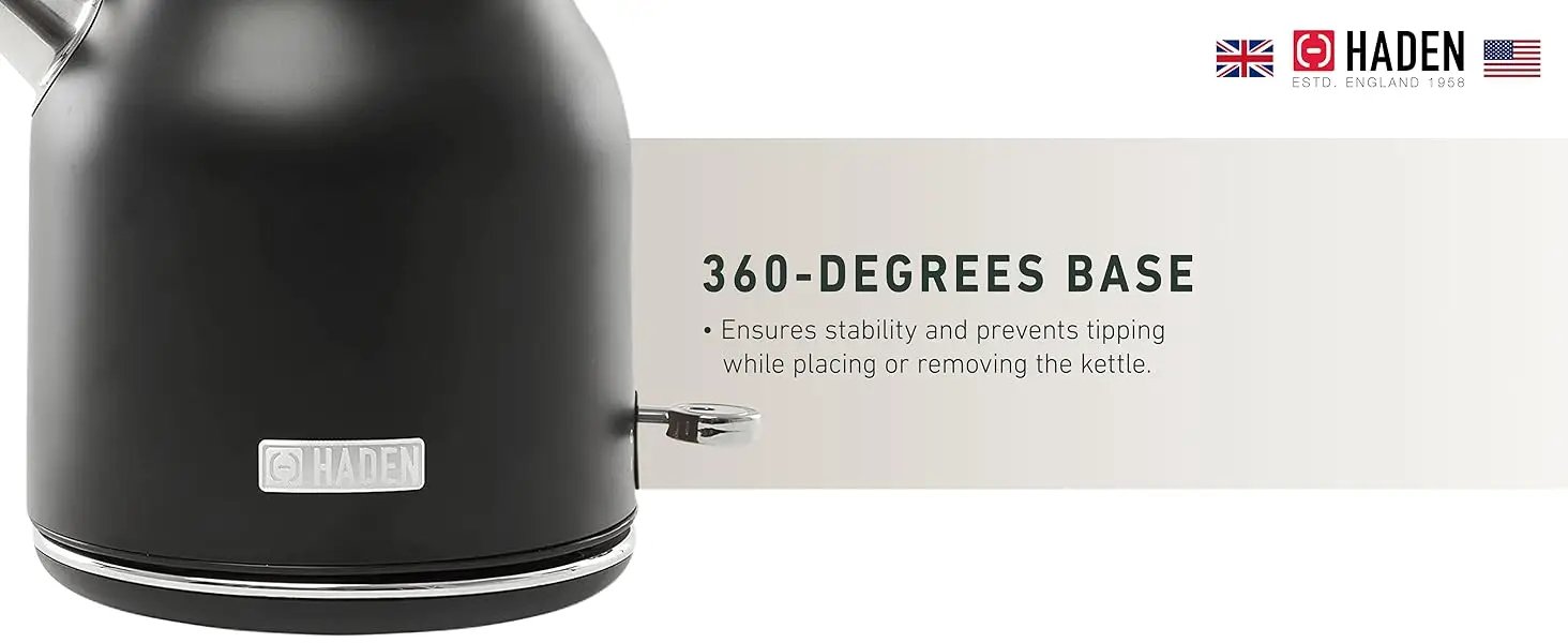 HADEN Heritage 1.7 Liter Stainless Steel Electric Kettle, Hot Water Kettle with 360-Degree Base and Auto Shutoff, Black & Chrome