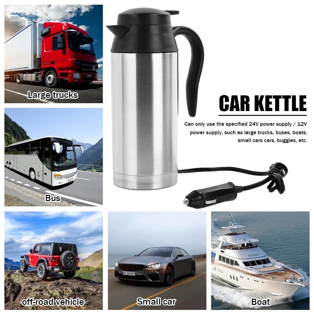 12V 24V Electric Heating Car Kettle Camping Travel Kettle Water Coffee Milk Thermal Mug 750/450ML Heating Cup Stainless Steel