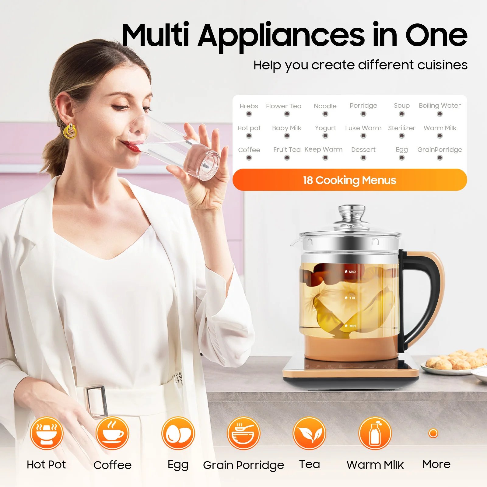 1.8L 110V beauty gauge health pot glass flower teapot multi-function tea maker electric kettle 800W