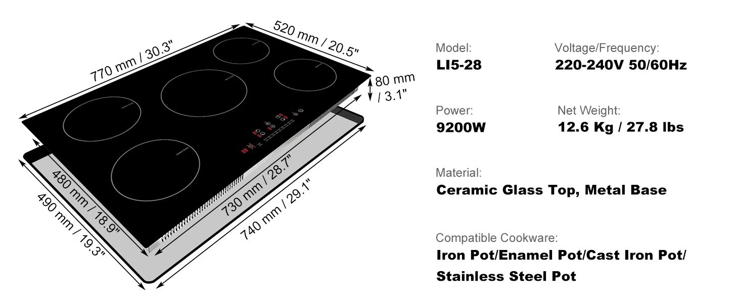 SucceBuy 5 Burners 30/36 Inch Electric Induction Cooktop Stove Hob Built-in Burner Cooker Sensor Touch Control Magnetic Cooker