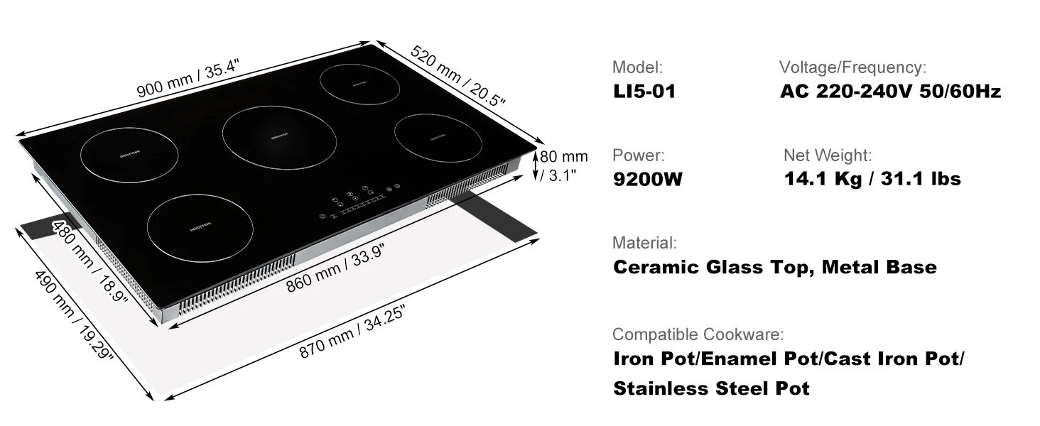 SucceBuy 5 Burners 30/36 Inch Electric Induction Cooktop Stove Hob Built-in Burner Cooker Sensor Touch Control Magnetic Cooker