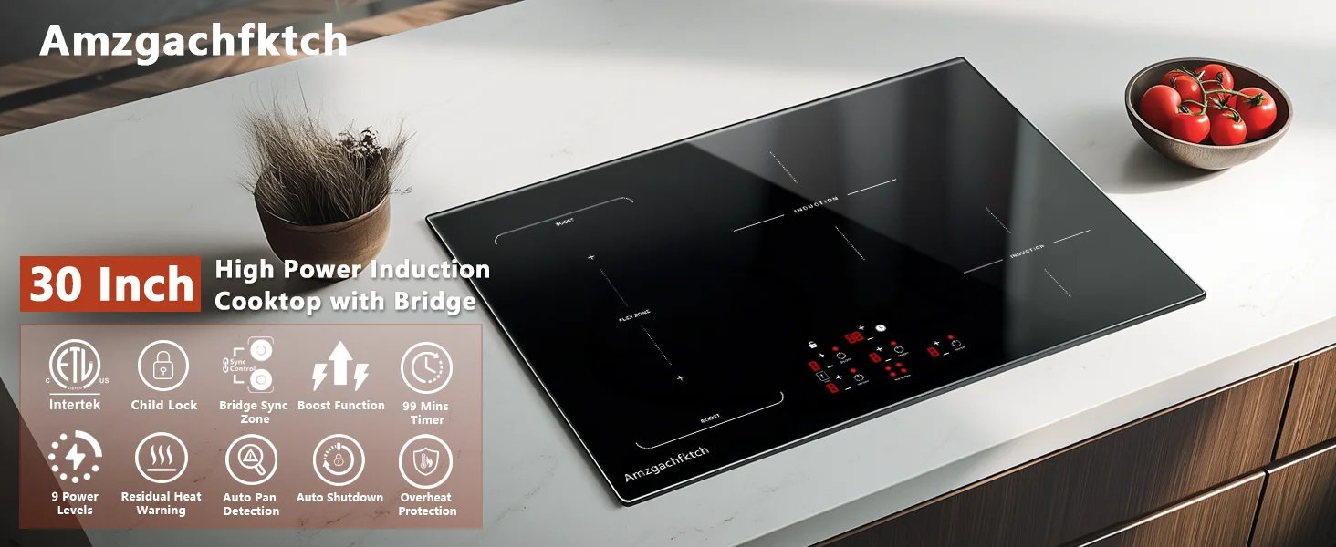 30in Built-In 4 Burners, 11600W Touch Control w/ Boost & Bridge-Sync, Easy-Clean Tempered Glass, Child Lock Induction Cooktop