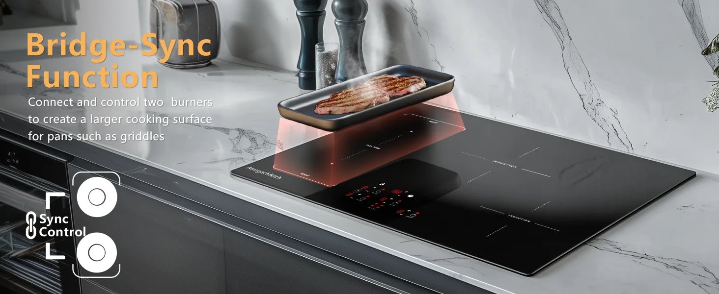 30in Built-In 4 Burners, 11600W Touch Control w/ Boost & Bridge-Sync, Easy-Clean Tempered Glass, Child Lock Induction Cooktop