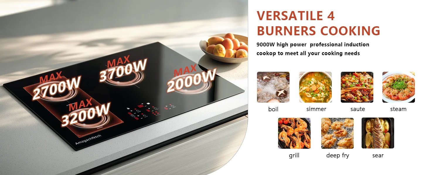 30in Built-In 4 Burners, 11600W Touch Control w/ Boost & Bridge-Sync, Easy-Clean Tempered Glass, Child Lock Induction Cooktop
