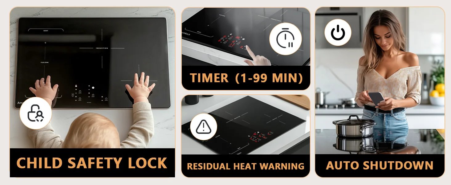 30in Built-In 4 Burners, 11600W Touch Control w/ Boost & Bridge-Sync, Easy-Clean Tempered Glass, Child Lock Induction Cooktop