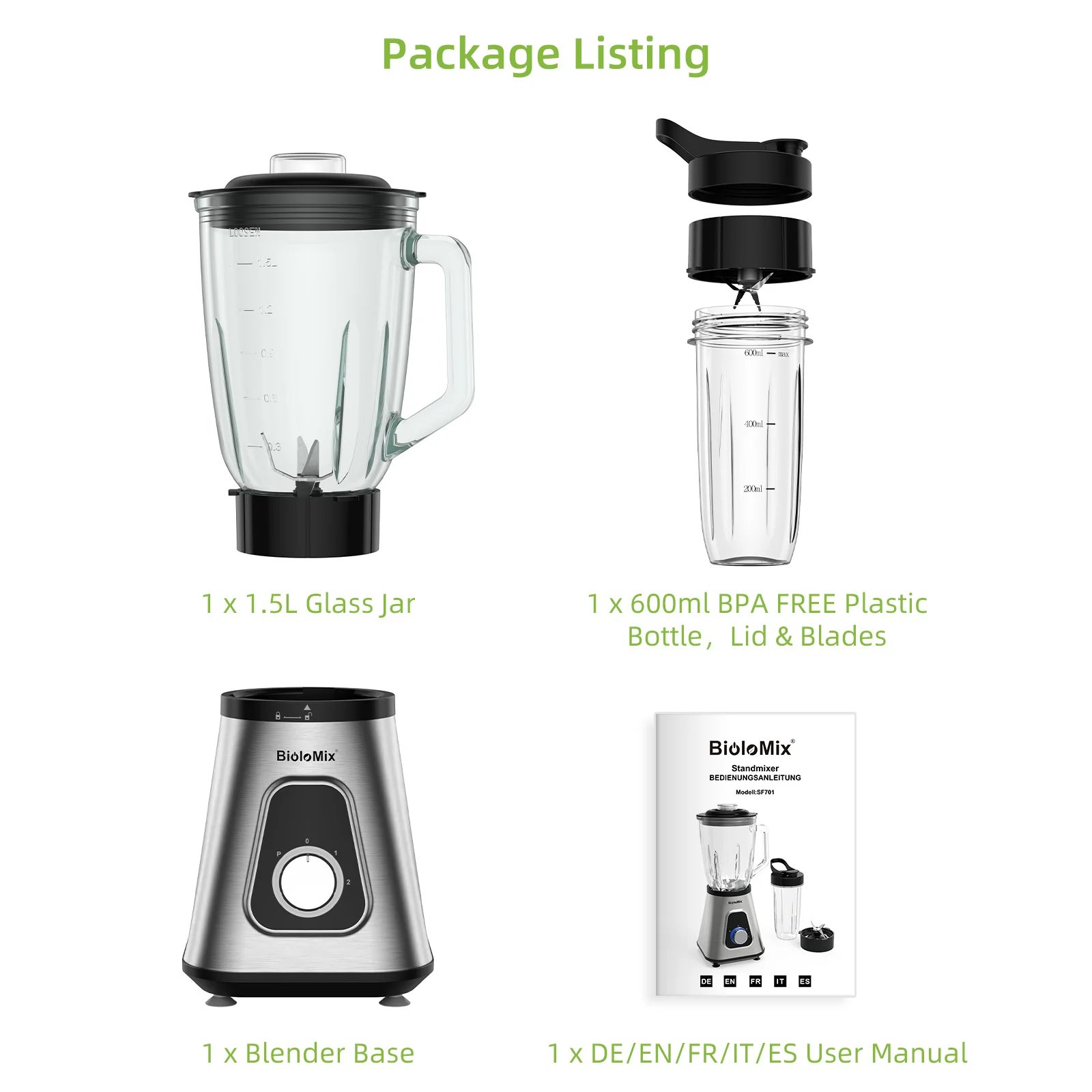 BioloMix 1300W Smoothie Maker with 1.5L Glass Jar Personal Blender for Frozen Fruit Drinks And Sauces BioloMix 1300W Smoothie Maker with 1.5L Glass Jar Personal Blender for Frozen Fruit Drinks And Sauces