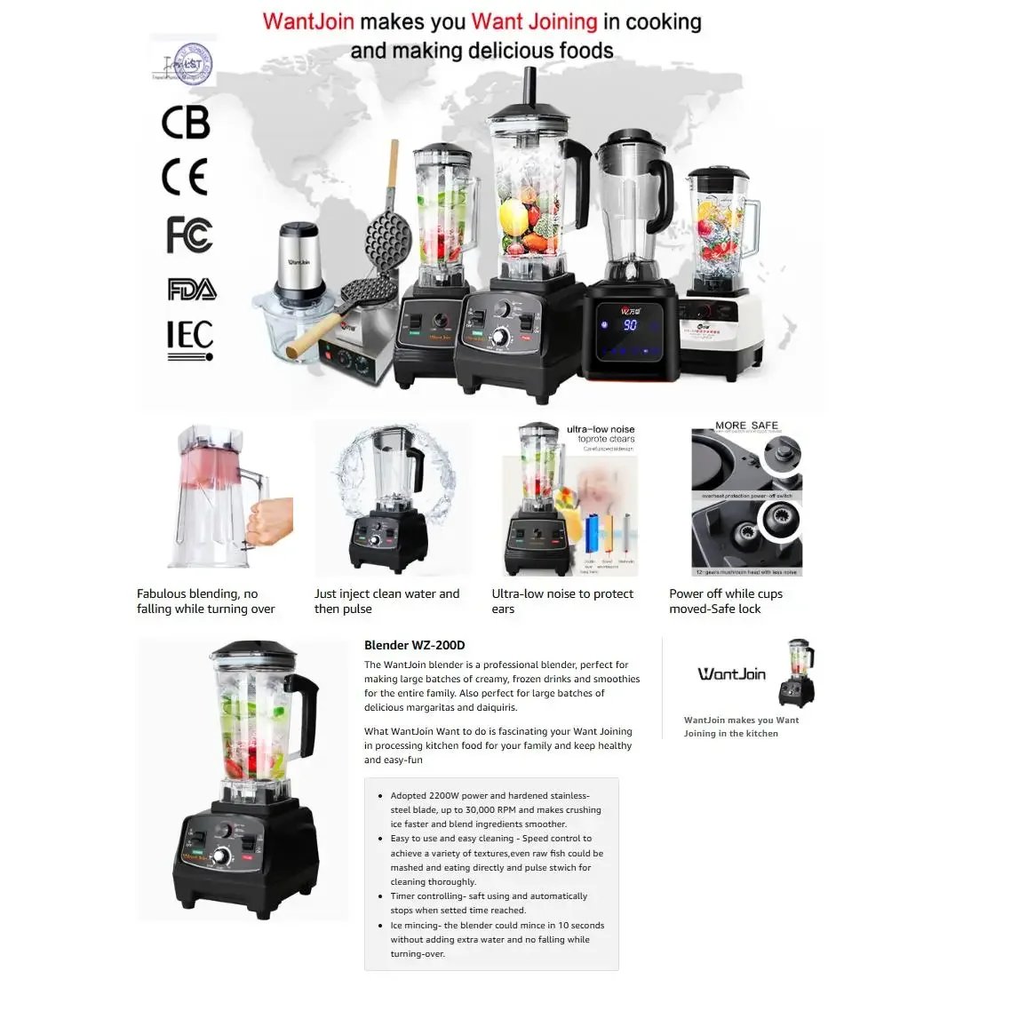 WantJoin Professional Blender, Commercial Blender for kitchen Max 1800W High Power Home and Commercial with Timer