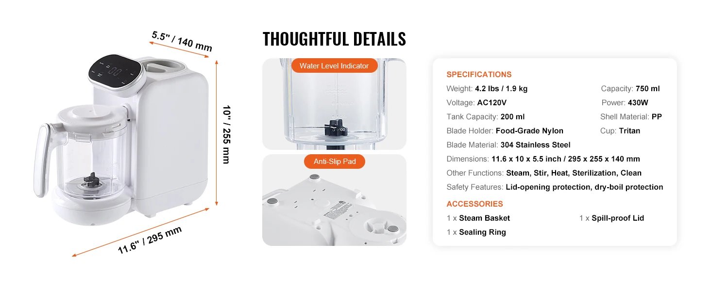 SucceBuy Baby Food Maker 430W with 750 ml Tritan Bowl SUS304 5 in 1 Blender Steamer Grinder for Food Fruit Vegetable Meat