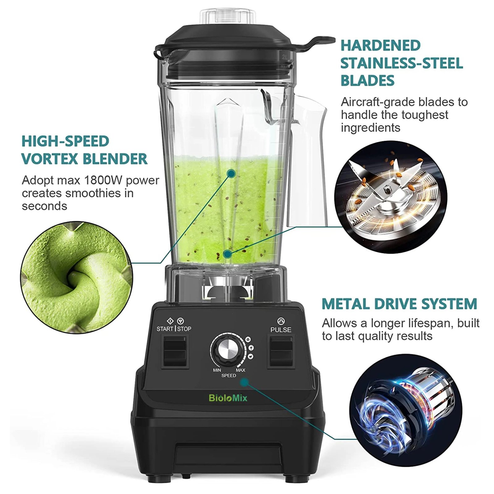 BioloMix 1800W Professional-Grade Smoothie Blender, Self-Cleaning