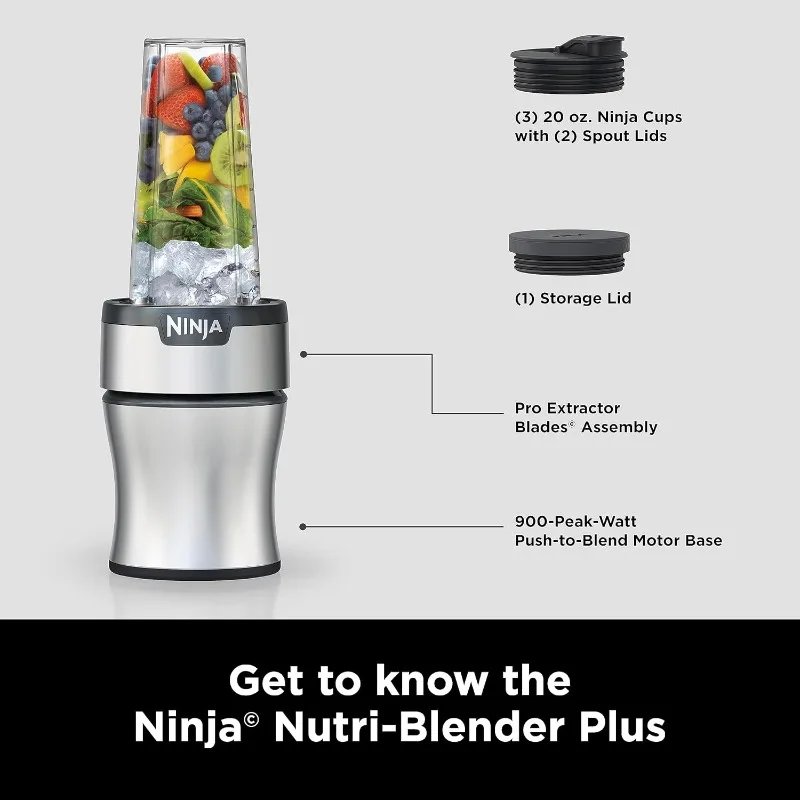 Ninja BN301 Nutri-Blender Plus Compact Personal Blender, 900-Peak-Watt Motor, Frozen Drinks, Smoothies, Sauces & More, Silver