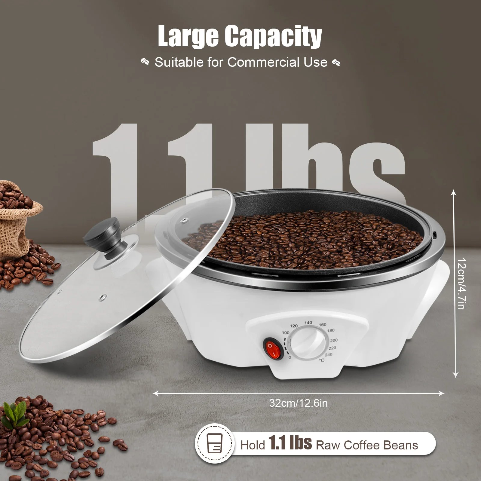 800w Coffee Roaster 110v Us Plug 1.1lbs Capacity 32-464℉ Pp Glass Non-Stick Suitable For Homes Coffee Shops Milk Tea Shops