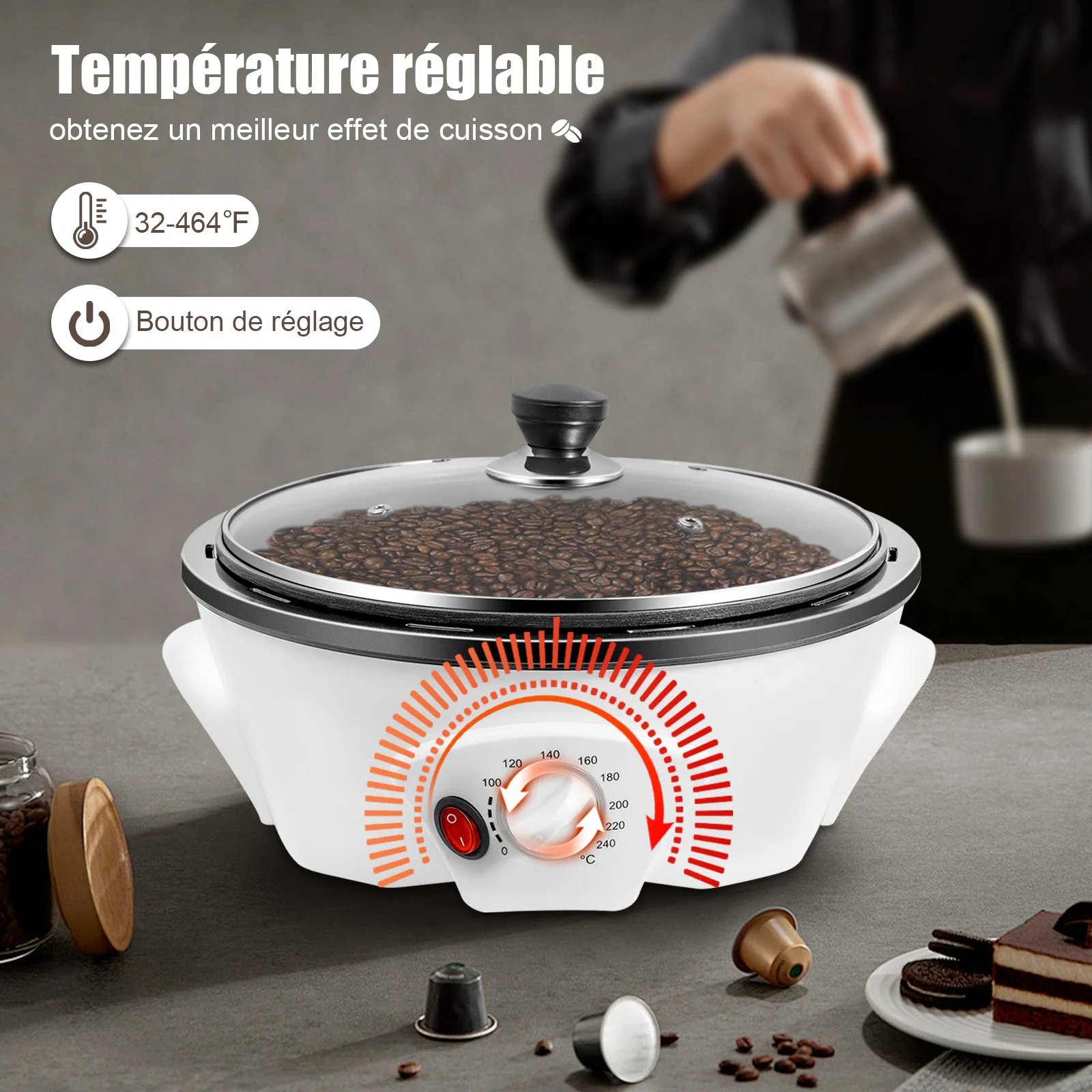 800w Coffee Roaster 110v Us Plug 1.1lbs Capacity 32-464℉ Pp Glass Non-Stick Suitable For Homes Coffee Shops Milk Tea Shops