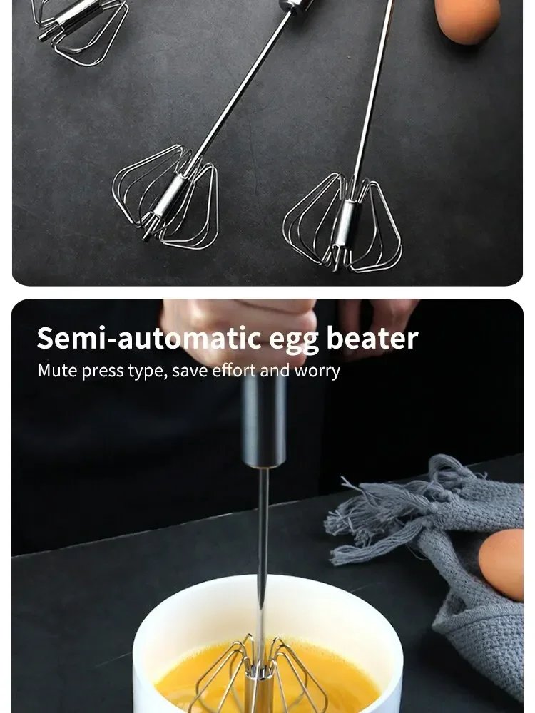 Kitchen Stainless Steel Rotary Whisk with  Wood Handle &ndash; Semi-Automatic Hand Mixer for Whipping Cream & Eggs​