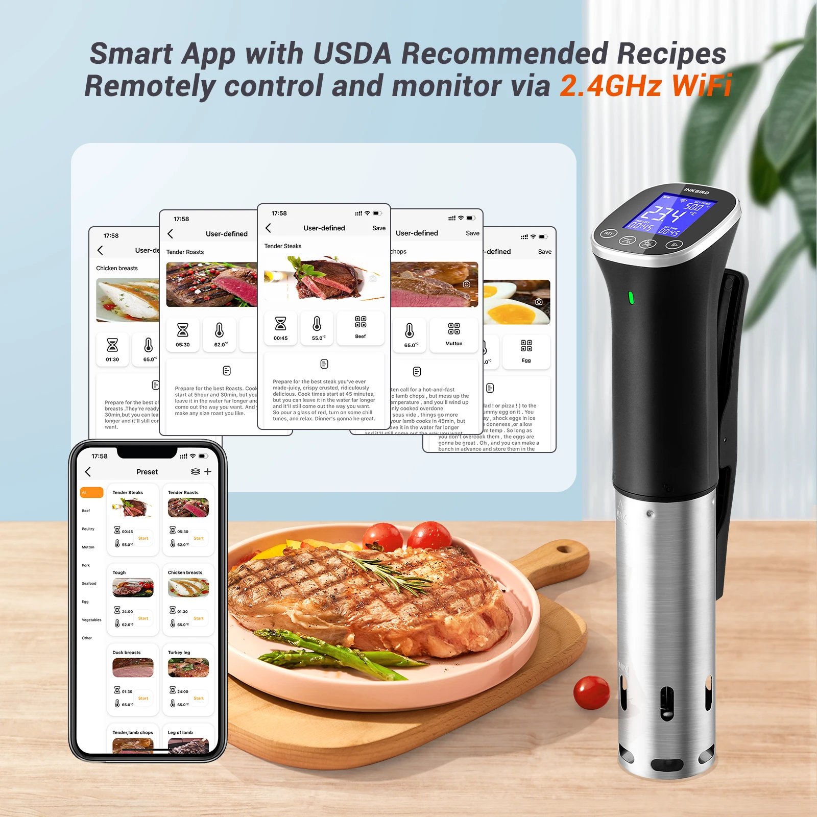 INKBIRD US Stock WiFi Sous Vide Machine US Plug Sous Vide Cooker APP Remote Control with Recipes Alarms Timer For Cooking Meat