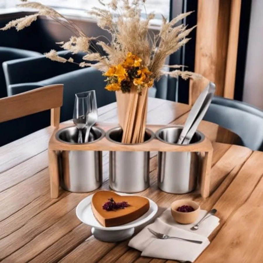 3 Pack Silverware Holder Stainless Steel Utensil Organizer with Wood Base for Spoons Knives and Forks Compact Flatware Caddy Id