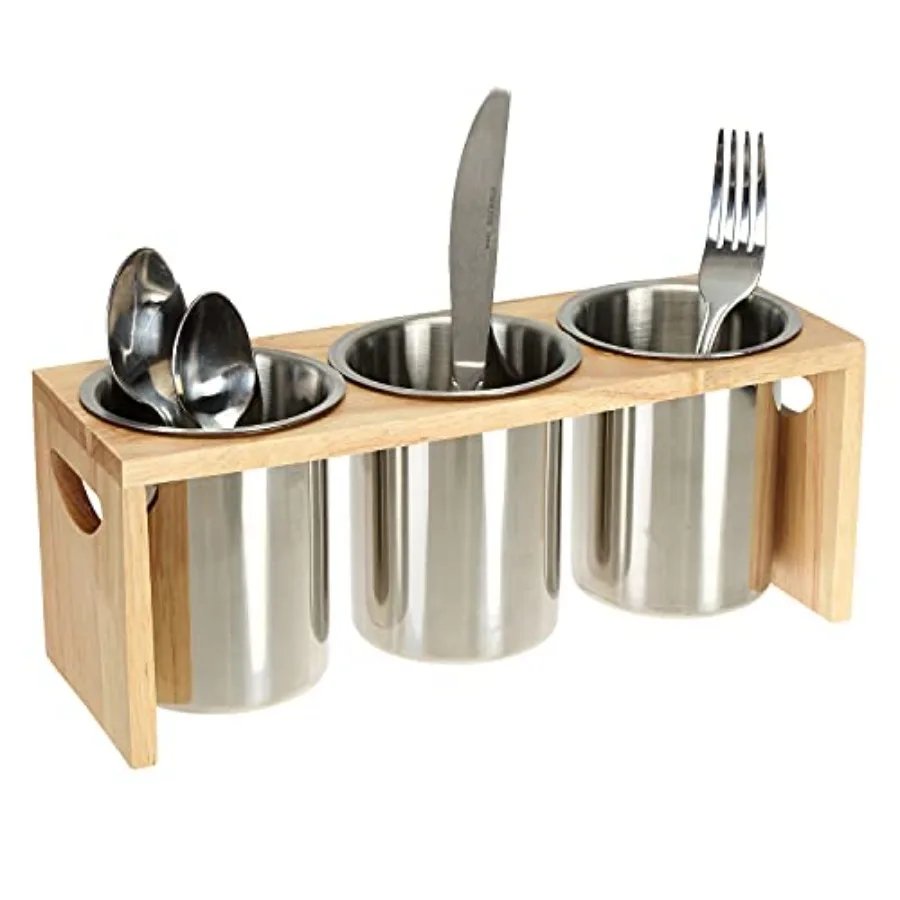 3 Pack Silverware Holder Stainless Steel Utensil Organizer with Wood Base for Spoons Knives and Forks Compact Flatware Caddy Id