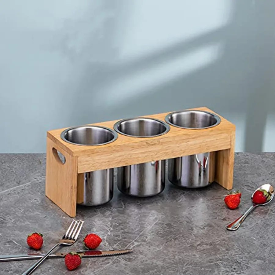 3 Pack Silverware Holder Stainless Steel Utensil Organizer with Wood Base for Spoons Knives and Forks Compact Flatware Caddy Id