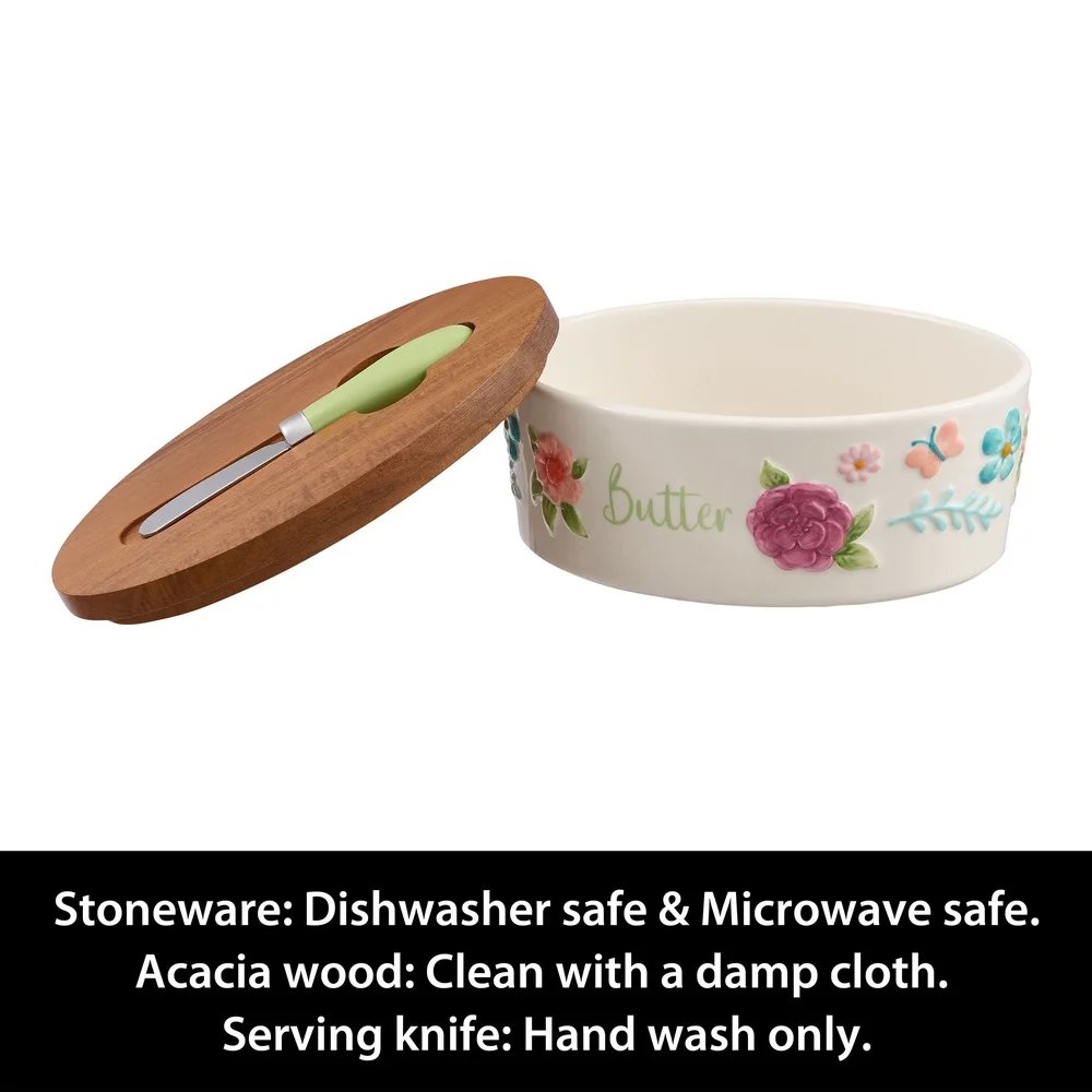 Painted Meadow Butter Dish Set Acacia Wood Lid Metal Serving Knife Floral Embossed Stoneware Butter Storage Handcrafted Kitchen