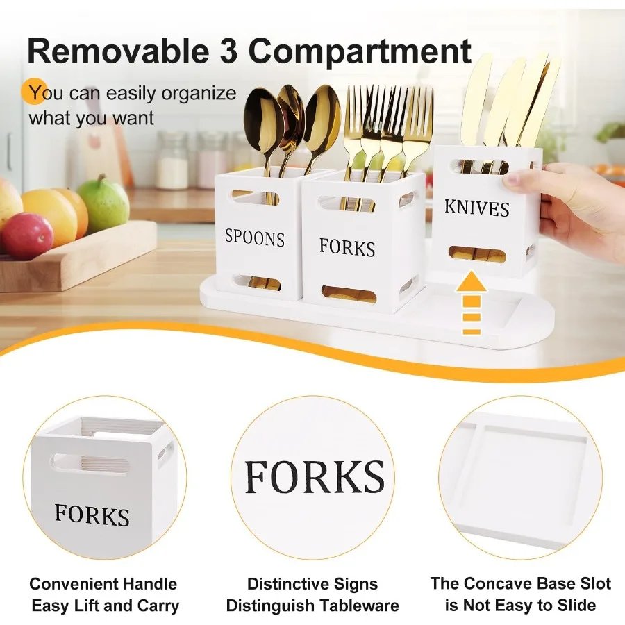 Wooden Flatware Silverware Caddy with White Wood Tray for Kitchen Counter and Tabletop Stylish Utensils Holder for Forks Knives