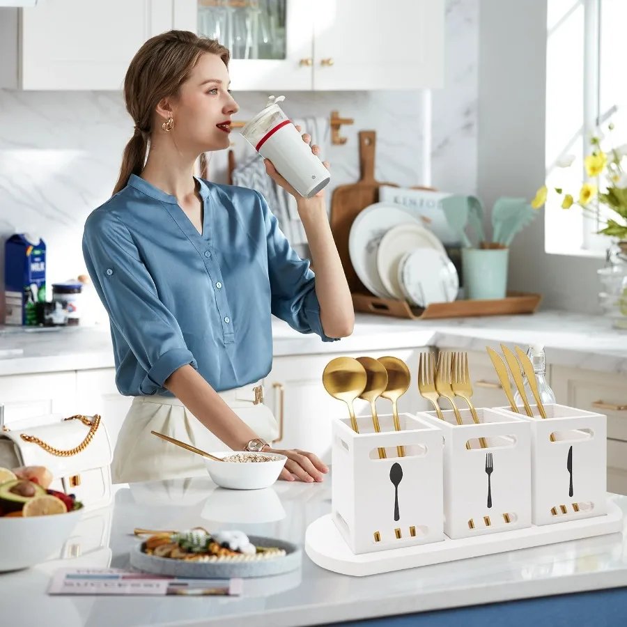Wooden Flatware Silverware Caddy with White Wood Tray for Kitchen Counter and Tabletop Stylish Utensils Holder for Forks Knives